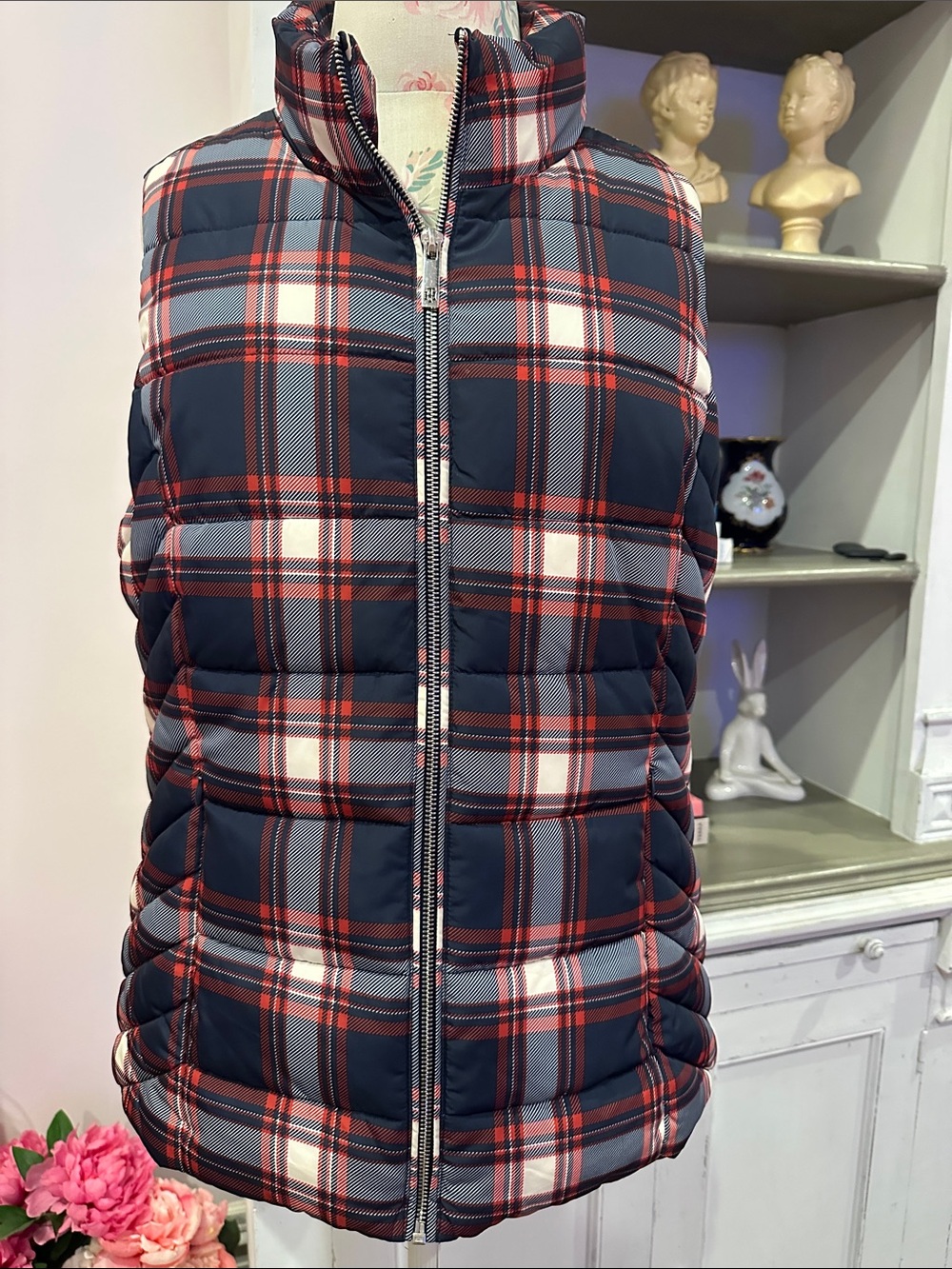 Tommy Hilfiger Navy, Red & White Quilted Plaid Puffer Vest